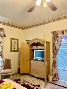 een woonkamer met een tv op een dressoir met een tvicterictericter bij Irishette - Charming Suite in 1893 Victorian Home in Dublin