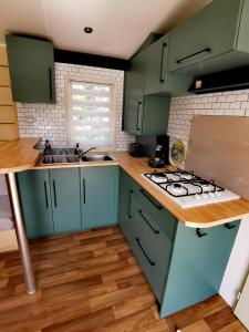 a kitchen with green cabinets and a stove top oven at A deux pas du lac in Ardres