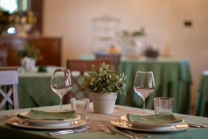 a table with two wine glasses and a plant on it at Borgata Baldazza in Linguaglossa