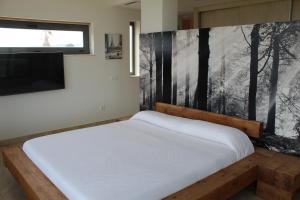 カラバカ・デ・ラ・クルスにあるCasa Rural Villa Cruzのベッドルーム1室(ベッド1台付)が備わります。壁には絵画が飾られています。