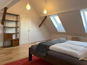 a bedroom with a bed and two skylights at Stodola 63 in Pacov