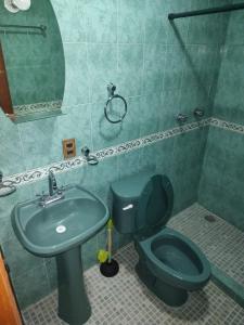 a bathroom with a green toilet and a sink at Casa Granada Jilotepec in Jilotepec