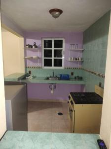 JilotepecにあるCasa Granada Jilotepecの紫の壁のキッチン、シンク、窓が備わります。