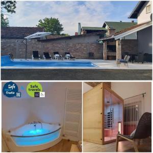 2 fotos de una casa con bañera en Villa Sorella Baranja, en Karanac