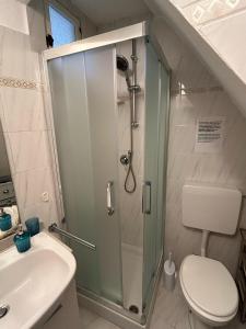a bathroom with a shower with a toilet and a sink at Appartamento in tipico carugio ligure in Monterosso al Mare