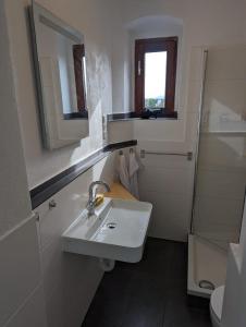 ein weißes Badezimmer mit einem Waschbecken und einem Spiegel in der Unterkunft Hercules Horizon Apartment in Kassel