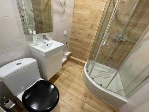 a bathroom with a shower and a toilet and a sink at Jagiellonka in Malbork