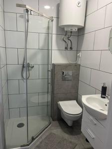 La salle de bains est pourvue d'une douche, de toilettes et d'un lavabo. dans l'établissement Jula - apartamenty w Kudowie-Zdrój, à Kudowa-Zdrój