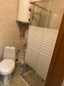 a bathroom with a toilet and a glass shower stall at Частен апартамент Лагуна - Private Two-Bedroom Apartment Laguna in Primorsko