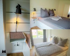 two pictures of a bedroom with a bed and a lamp at Ferienwohnung Marly in Lübeck