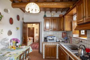 a kitchen with wooden cabinets and a table with a sink at Villa Rachele in Larciano