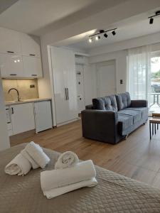 ein großes Wohnzimmer mit Couch und Küche in der Unterkunft Mannou Studio in Paralia Vrachou