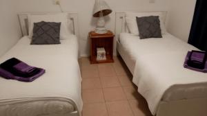 two beds sitting next to each other in a room at Lavender Cottage - At home in Lightning Ridge in Lightning Ridge