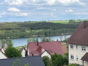 a view of a river in a town with houses at Galeriewohnung mit Seeblick in Absberg