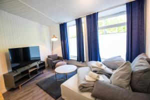 ein Wohnzimmer mit einem Sofa und einem TV in der Unterkunft Schöne Wohnung für 4 Gäste an der Eilenriede mit kostenlosen Parkplätzen in Hannover