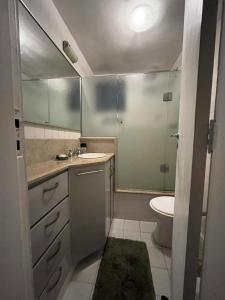 uma casa de banho com um WC, um lavatório e um chuveiro em Apartamento Aconchegante na Zona Sul, Botafogo Rj no Rio de Janeiro