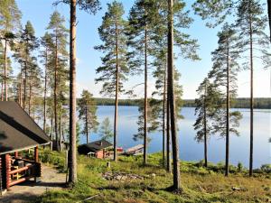 a cabin in the woods next to a lake at Lomamökki Kuhmo, Tervatörmä in Kuhmo
