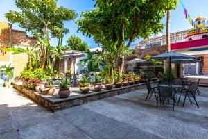 une rangée de plantes en pot, de tables et de chaises dans l'établissement Charming Colonial Mexican Hacienda, à Puerto Vallarta