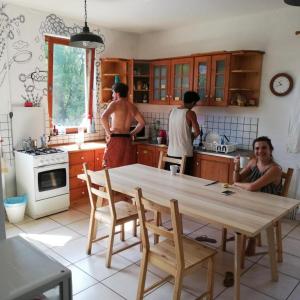 a group of people standing in a kitchen at Budapest Garden Hostel in Budapest