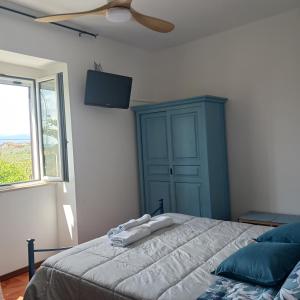 1 dormitorio con 1 cama con armario azul y TV en casale nonna Elisa relax tra ulivi, en San Vito Chietino