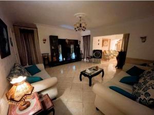 een woonkamer met een bank en een tafel bij Room for transit near airport in Caïro