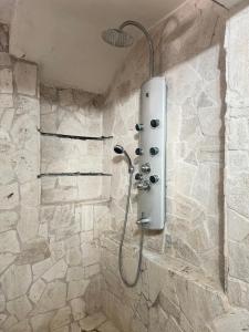 y baño con ducha y pared de piedra. en taverna Anto, en Varcaturo