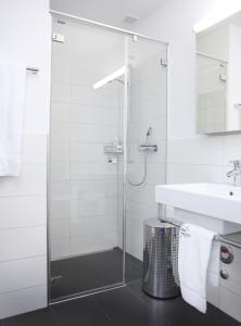 a bathroom with a glass shower and a sink at Reloc Serviced Apart. Wallisellen in Wallisellen