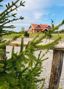 a fence with a pine tree in front of a house at Lawendowy Domek in Ruciane-Nida