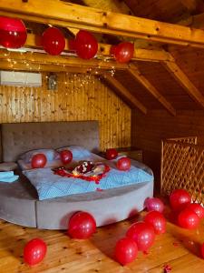 a room with a bed with red balloons on the floor at Holiday Home Aladin's in Bihać