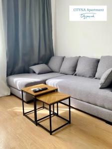 ein Wohnzimmer mit einem Sofa und einem Couchtisch in der Unterkunft CITYNA Apartment Bielefeld - Late Check-Out in Bielefeld
