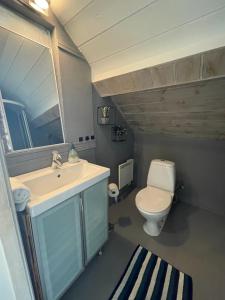 een badkamer met een toilet, een wastafel en een spiegel bij Unique 3bed Rooms - Generous Terrace - Central Stavanger in Stavanger