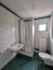 uma casa de banho com um lavatório, um chuveiro e um WC. em Beste Apartments em Meerane