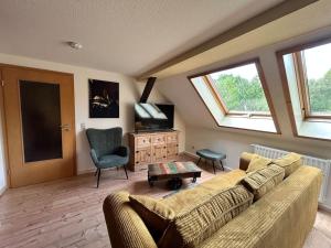 ein Wohnzimmer mit einem Sofa, einem TV und einem Fenster in der Unterkunft Ferienwohnung Sprejnik - Residenz Sonnenhübel in Großschönau