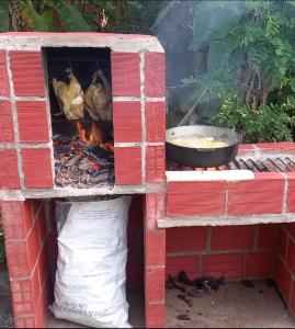 un horno de ladrillo con pollos cocinando sobre un fuego en Cabañas Zona Verde, en Nuquí