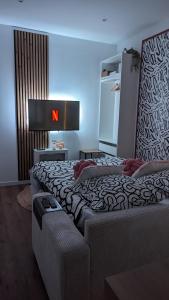 Un dormitorio con dos camas y un televisor en la pared. en Le Charme Rosé, en Villejuif