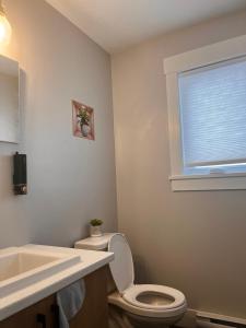 a bathroom with a toilet and a sink and a window at New built home, A/C, close to airport in Dieppe