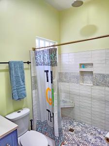 Un baño con cortina de ducha y un inodoro. en Orange Delite, en Indianápolis