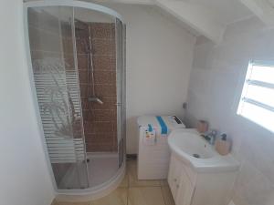a bathroom with a shower and a toilet and a sink at Séjour au calme in Le Moule