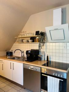 cocina con fregadero y encimera en OVERNIGHT Apartment No1 - Dachterrasse, Küche en Hannover