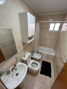 ein Badezimmer mit einem Waschbecken, einem WC und einem Spiegel in der Unterkunft Departamento Ciudad Jardín in Billinghurst