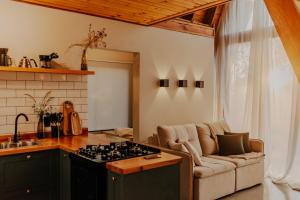 a kitchen and living room with a couch and a stove at Cabana Jurupará in Piedade