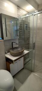 een badkamer met een wastafel en een glazen douche bij Joy's home in Bad Homburg vor der Höhe