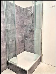 prysznic ze szklaną obudową w łazience w obiekcie Stilvoll eingerichtete Wohnung in Essen-Südviertel w Essen