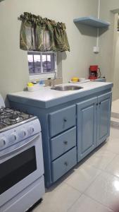 cocina azul con fregadero y fogones en Krystalise Loft, en Bridgetown