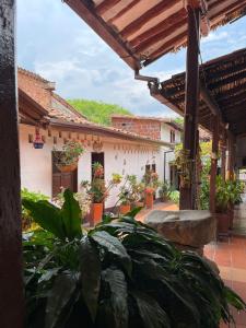 un patio de una casa con macetas en Hotel Casa Posada Don Chepe, en San Gil