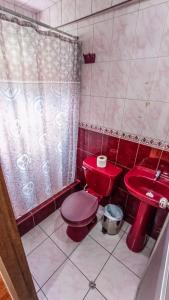 a bathroom with a red toilet and a sink at ECO ART Best view Machu Picchu in Machu Picchu