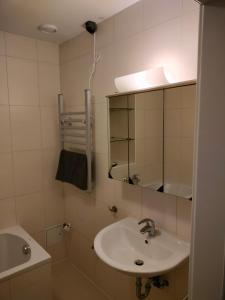een witte badkamer met een wastafel en een spiegel bij Doppelzimmer mit Seeblick - Neusiedlersee in Breitenbrunn