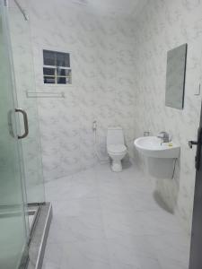 a white bathroom with a toilet and a sink at Admiralty Hotel in Lekki