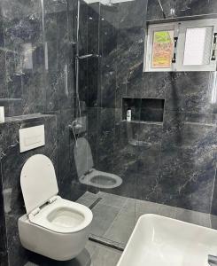 a bathroom with a toilet and a shower and a sink at Nardi Guesthouse in Ksamil