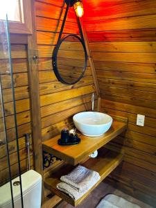 La salle de bains est pourvue d'un lavabo, d'un miroir et de toilettes. dans l'établissement Refúgio Suiço em Vargem Alta, à Vargem Alta